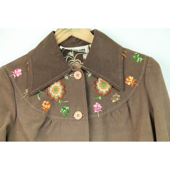 Vintage 70s XS Belted Jacket Brown Floral Embroidered Western Hippy Retro Boho - Picture 3 of 14